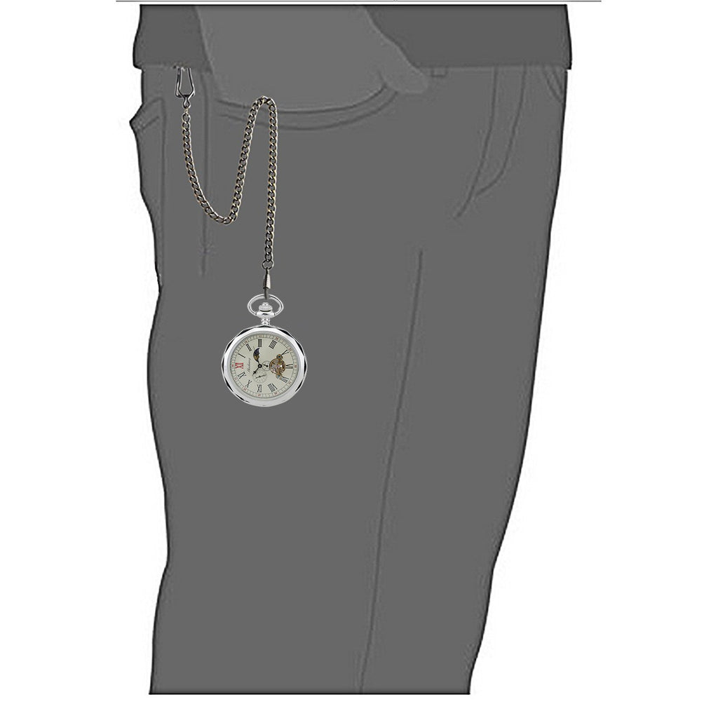 TREEWETO Mechanical Pocket Watches Silver Roman Numerals Open Face with Chain Men 24-Hour Moon Sun with Box