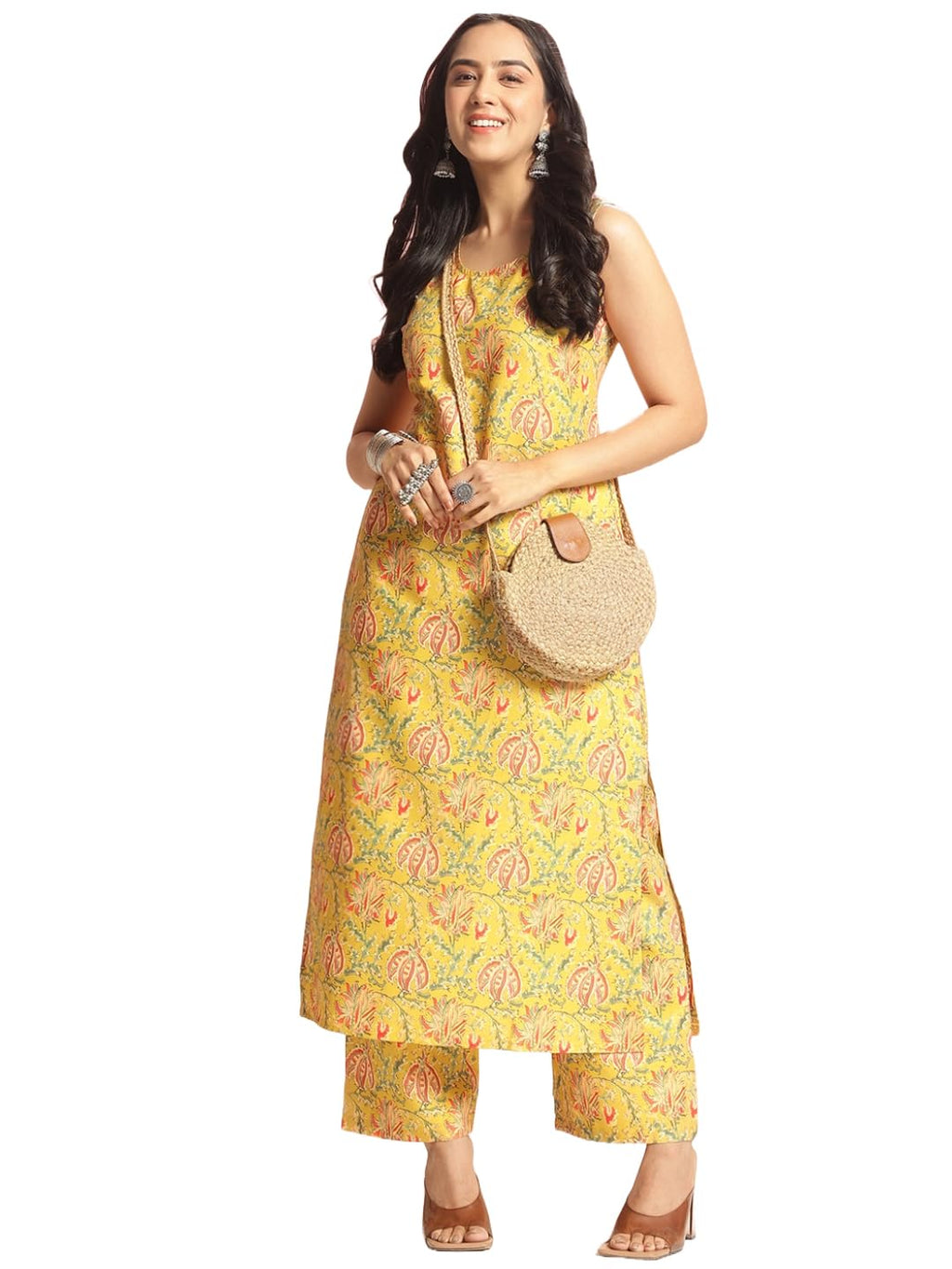 ANNI DESIGNER Womens Rayon Viscose Floral Straight Kurta with Palazzo (CUBU VKS01_Yellow_XXXXX-Large)