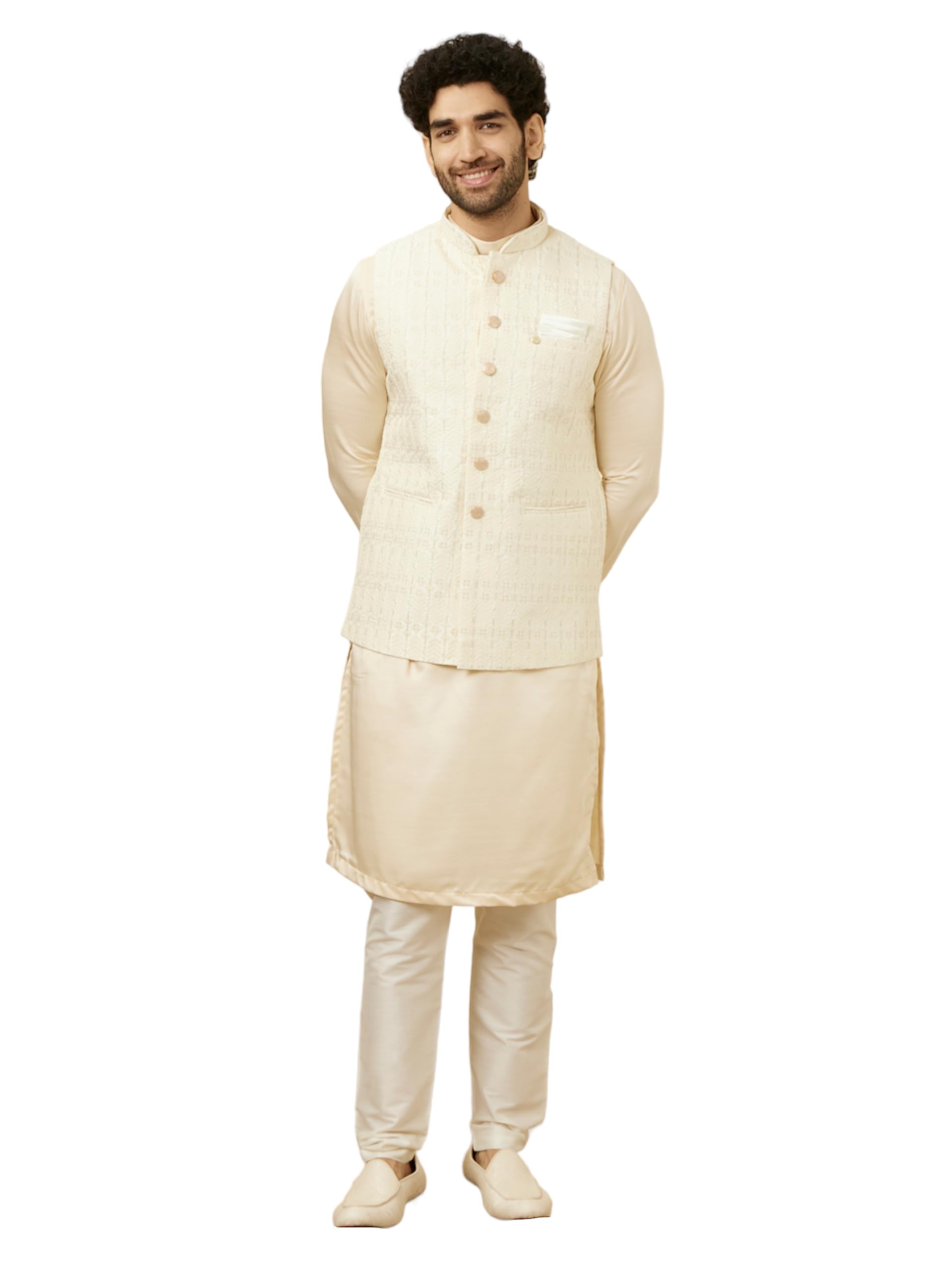 Manyavar Mens Art Silk Self Design Sleeveless Casual,Traditional Nehru Jacket (Cream, XXL)