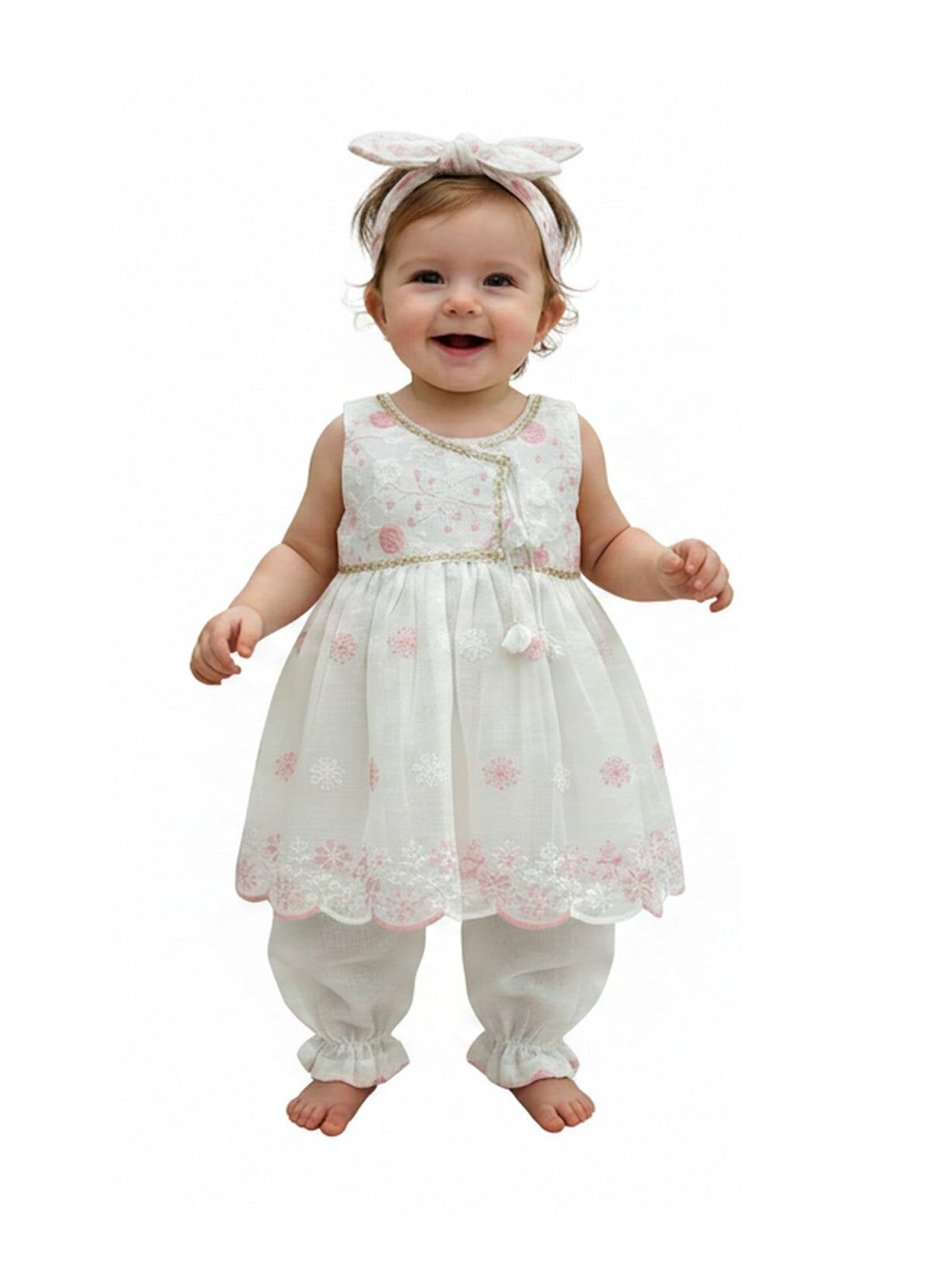 The Root & Craft New Born Baby Girl Floral Embroidered Suit Dress With Bloomers And Headband 0-3