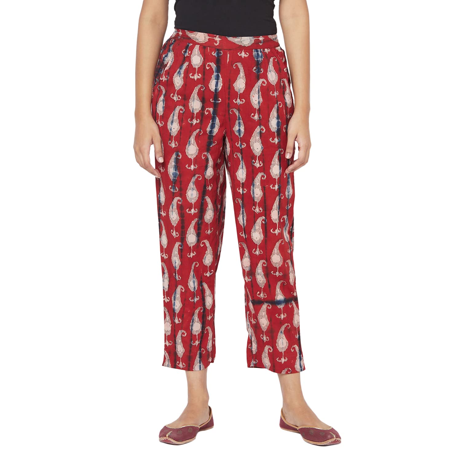 Fabindia Women Block Printed Casual Pant Cotton_S Red