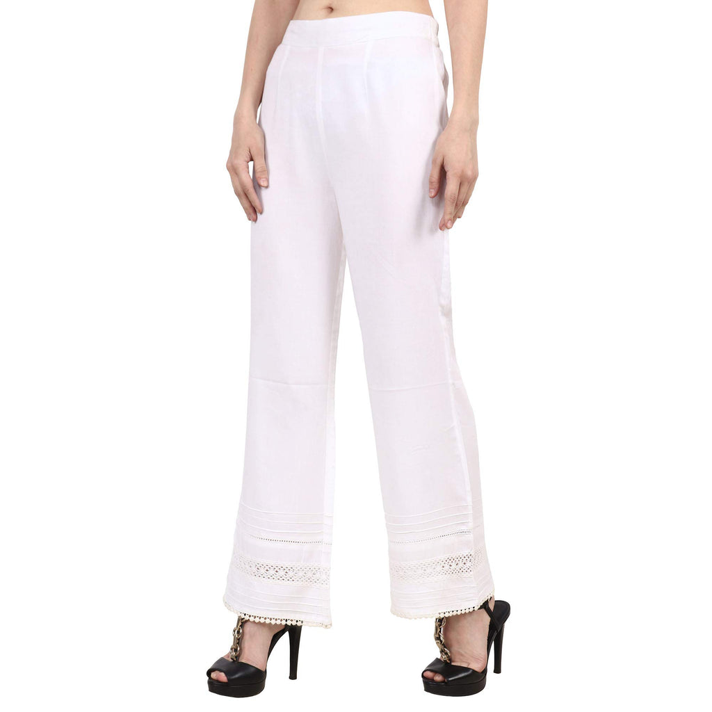 Popwingscasual Rayon White Flat Front Straight Leg Lace Work Palazzo For Women || Pull-On Palazzo For Women || Long-Length Summe