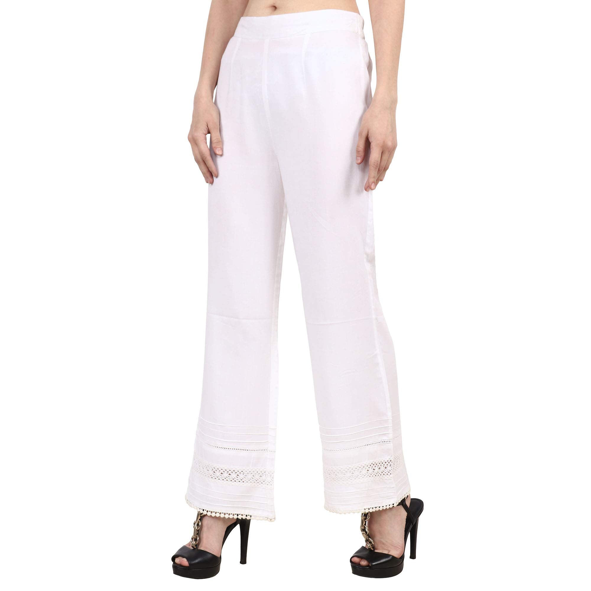 Popwingscasual Rayon White Flat Front Straight Leg Lace Work Palazzo For Women || Pull-On Palazzo For Women || Long-Length Summe