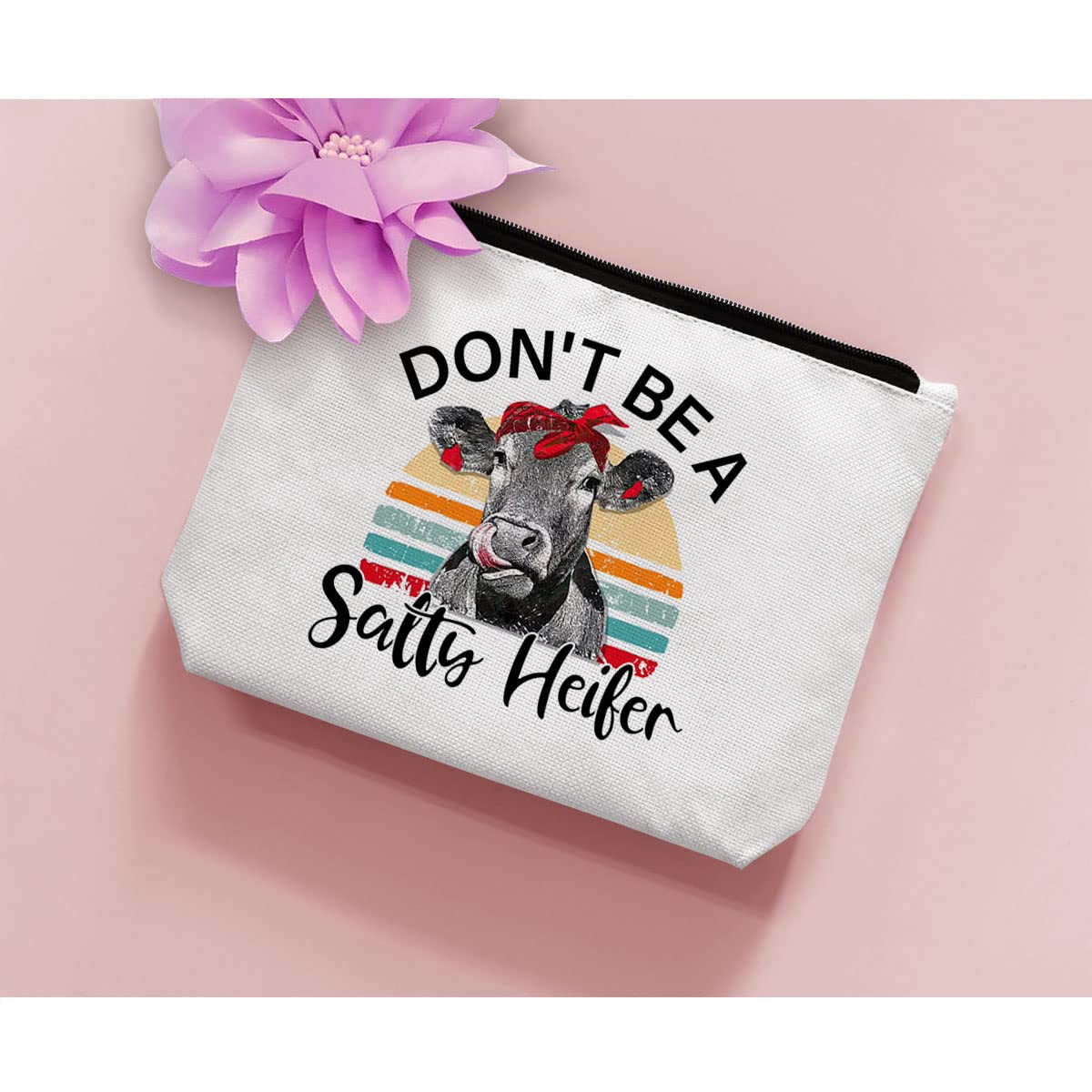 BiuNiuring Cow Gifts for Cow Lovers, Cow Gifts for Women, Crazy Heifer Cosmetic Bag, Funny Retro Sarcastic Cow Makeup Bag, Don't