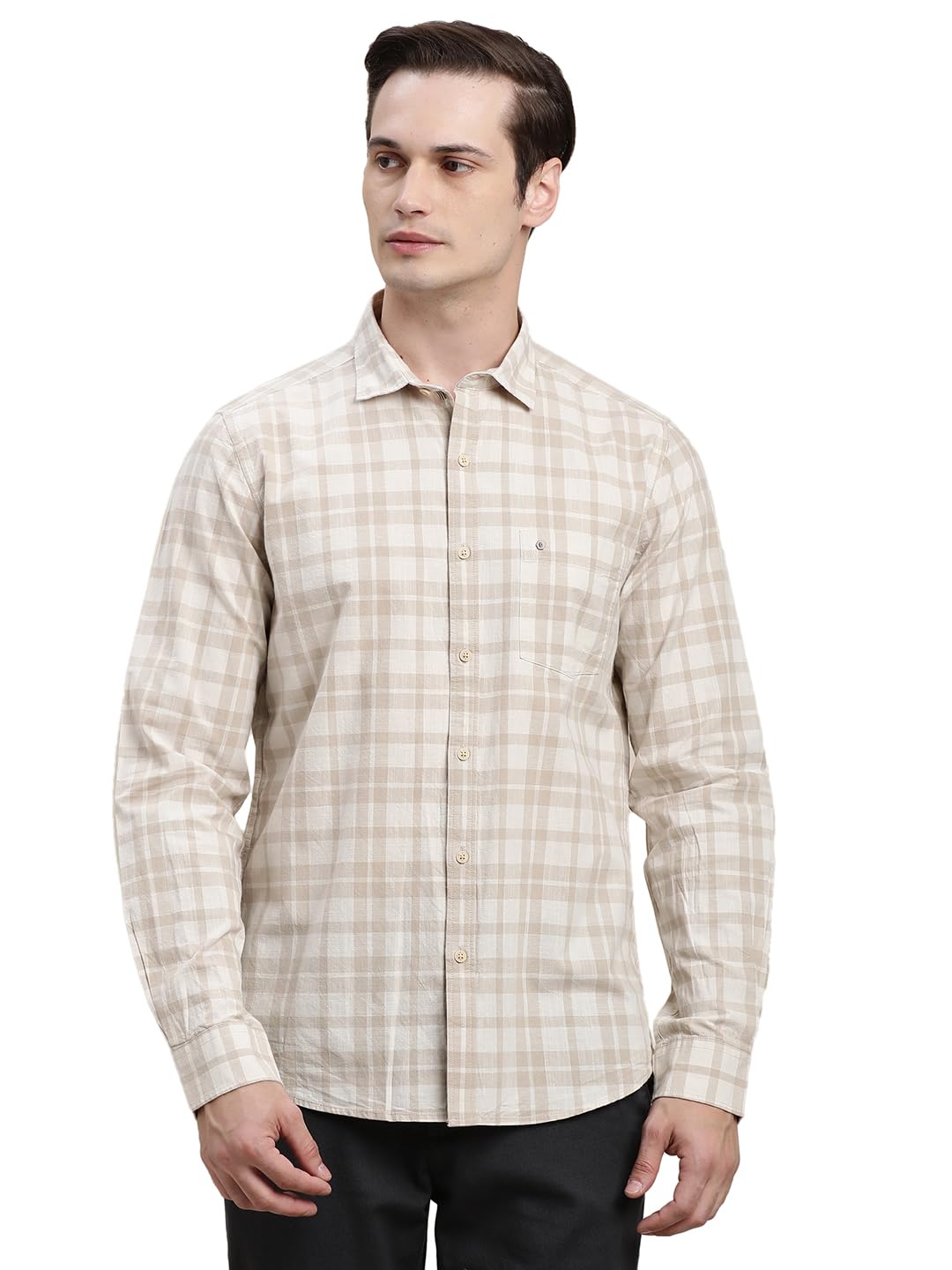 Turtle Men Beige Checkered Full Sleeve Slim Fit 100% Cotton Casual Shirt