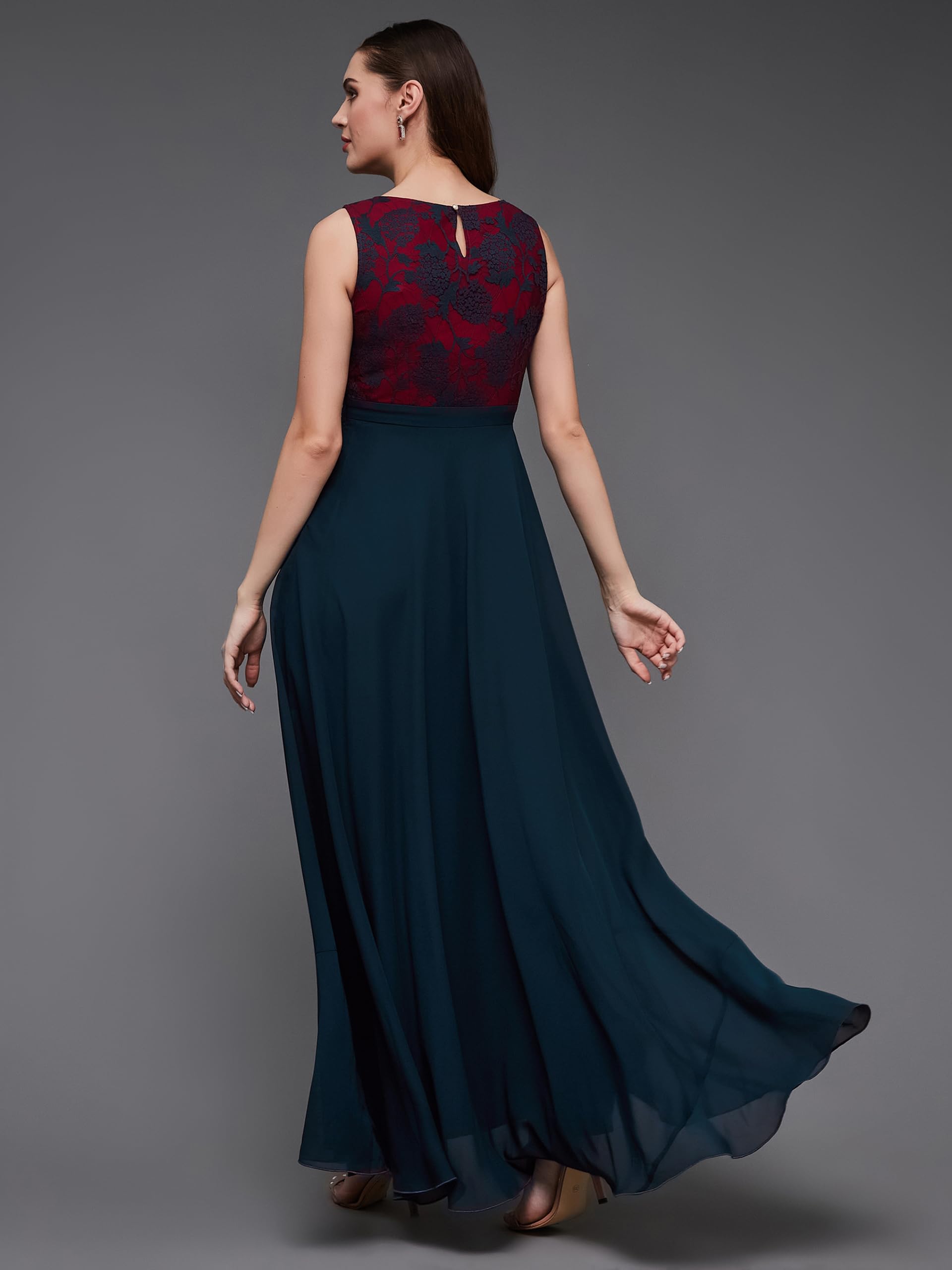 Miss Chase WomenS Round Neck Sleeveless Georgette Floral Lace Fit & Flare Maxi Dress Teal