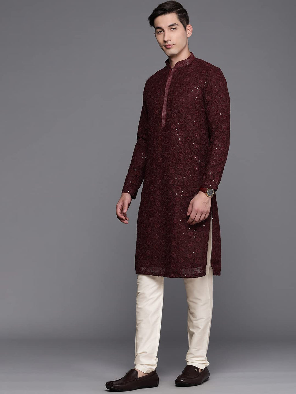 Manyavar Kurta Set For Men, Full Sleeves Mandarin Collar Ethnic Kurta Set For Engagement & Wedding, Party All Over Self Design K