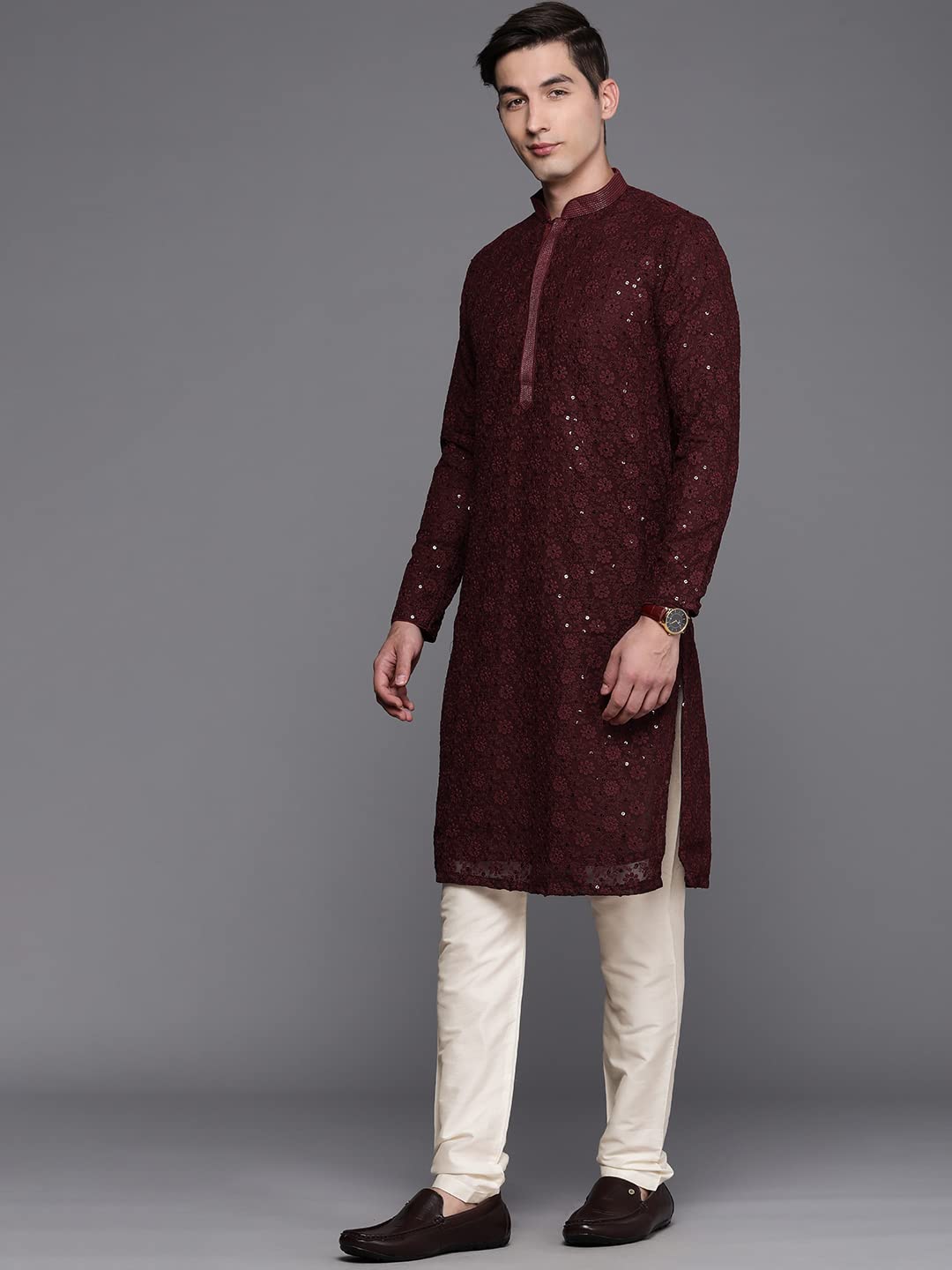 Manyavar Kurta Set For Men, Full Sleeves Mandarin Collar Ethnic Kurta Set For Engagement & Wedding, Party All Over Self Design K