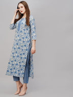 ANNI DESIGNER Womens Cotton Blend Printed Straight Kurta with Pant (Mung Blue_XL_Blue_X-Large)