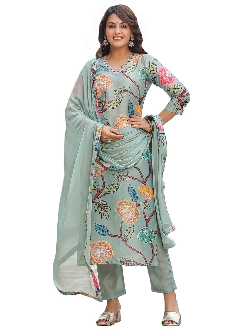ANNI DESIGNER Womens Cotton Blend Straight Printed Kurta with Pant & Dupatta (Twig Pista_XL_Pista_X-Large)