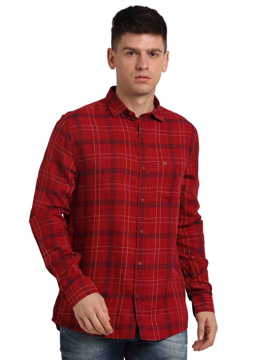 Turtle Men Cotton Lyocell Slim Fit Red Checkered Casual Shirt