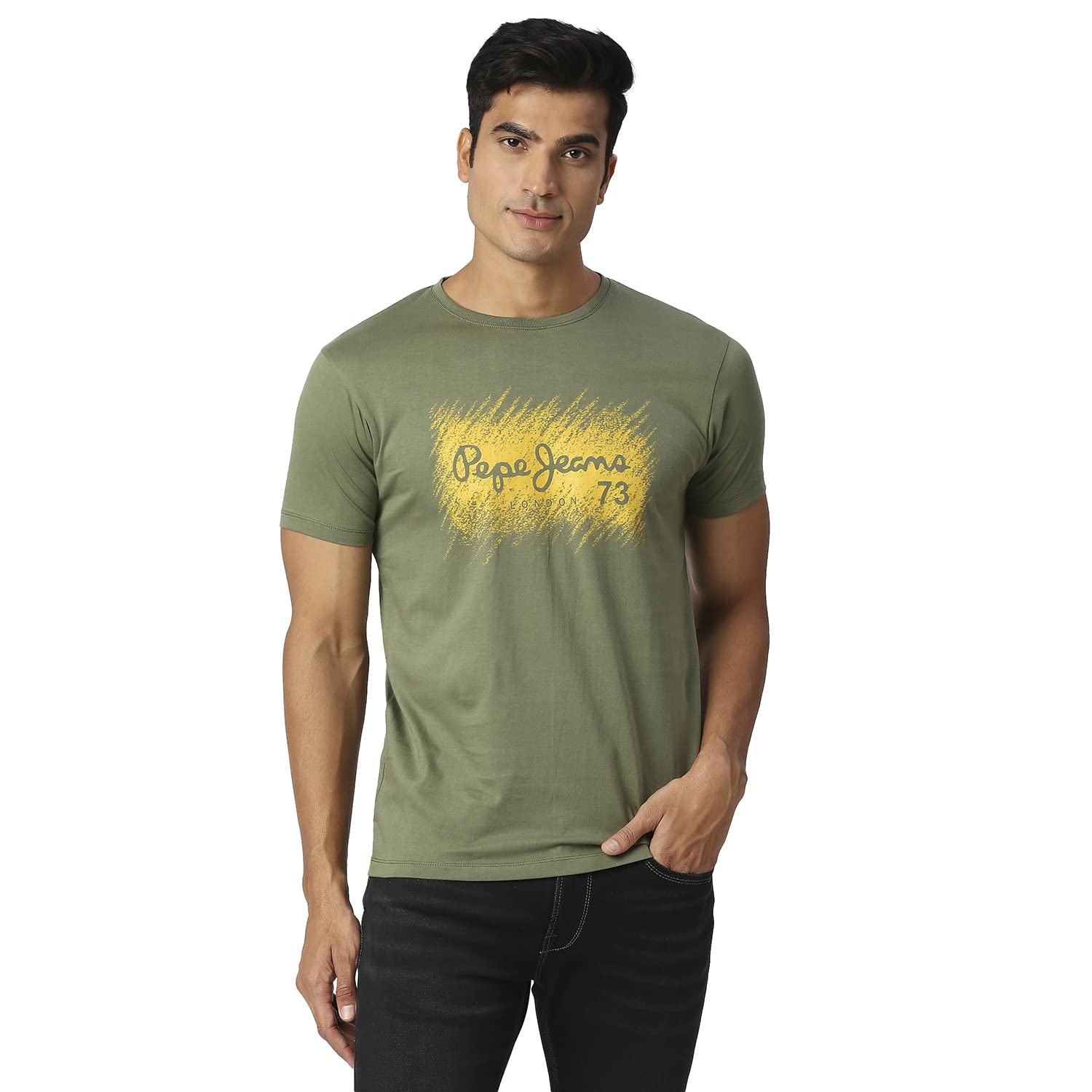 Pepe Jeans Men Cotton Blend Slim Fit Graphic Printed T-Shirts Olive, Small