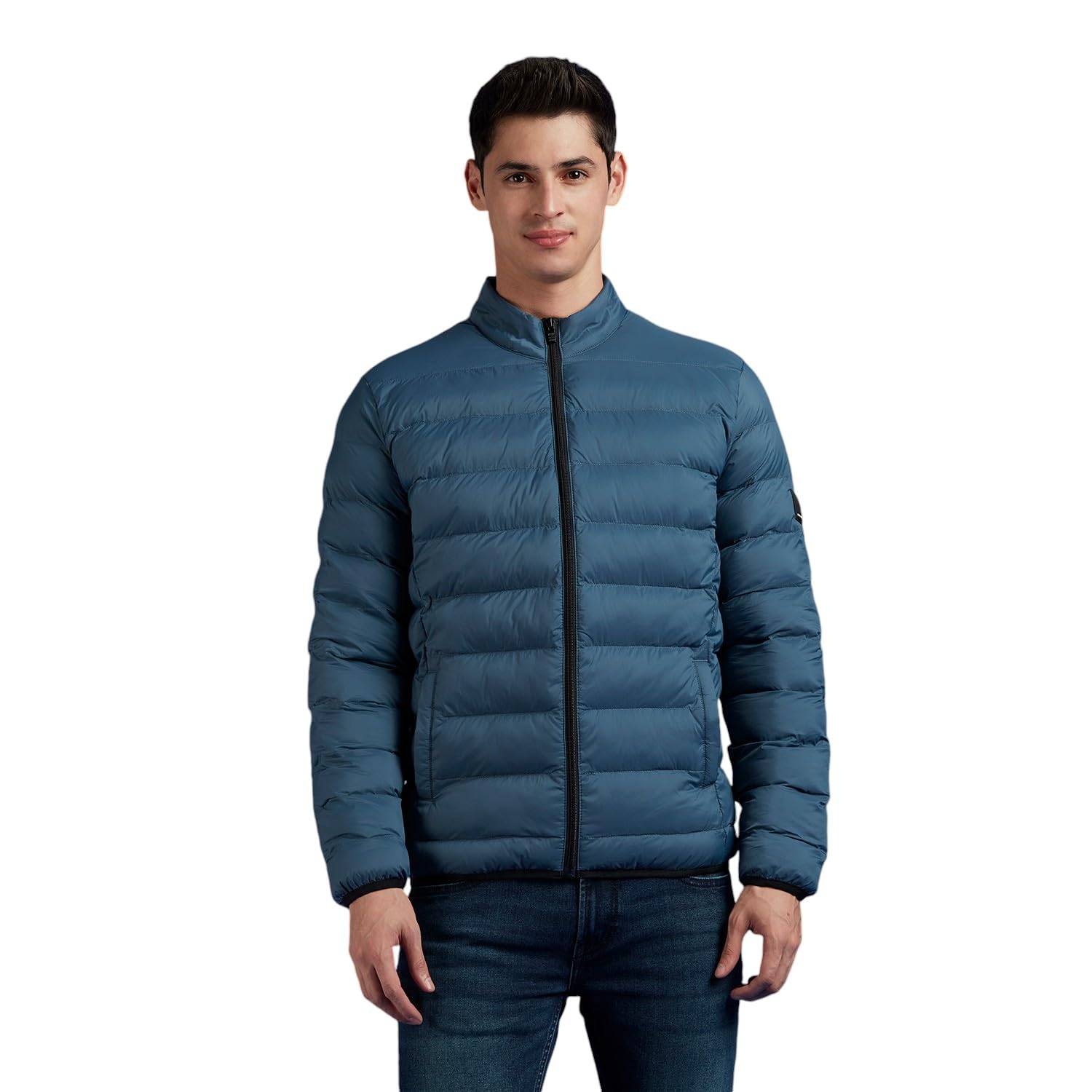 Blue Solid Full Sleeve Bomber Jacket