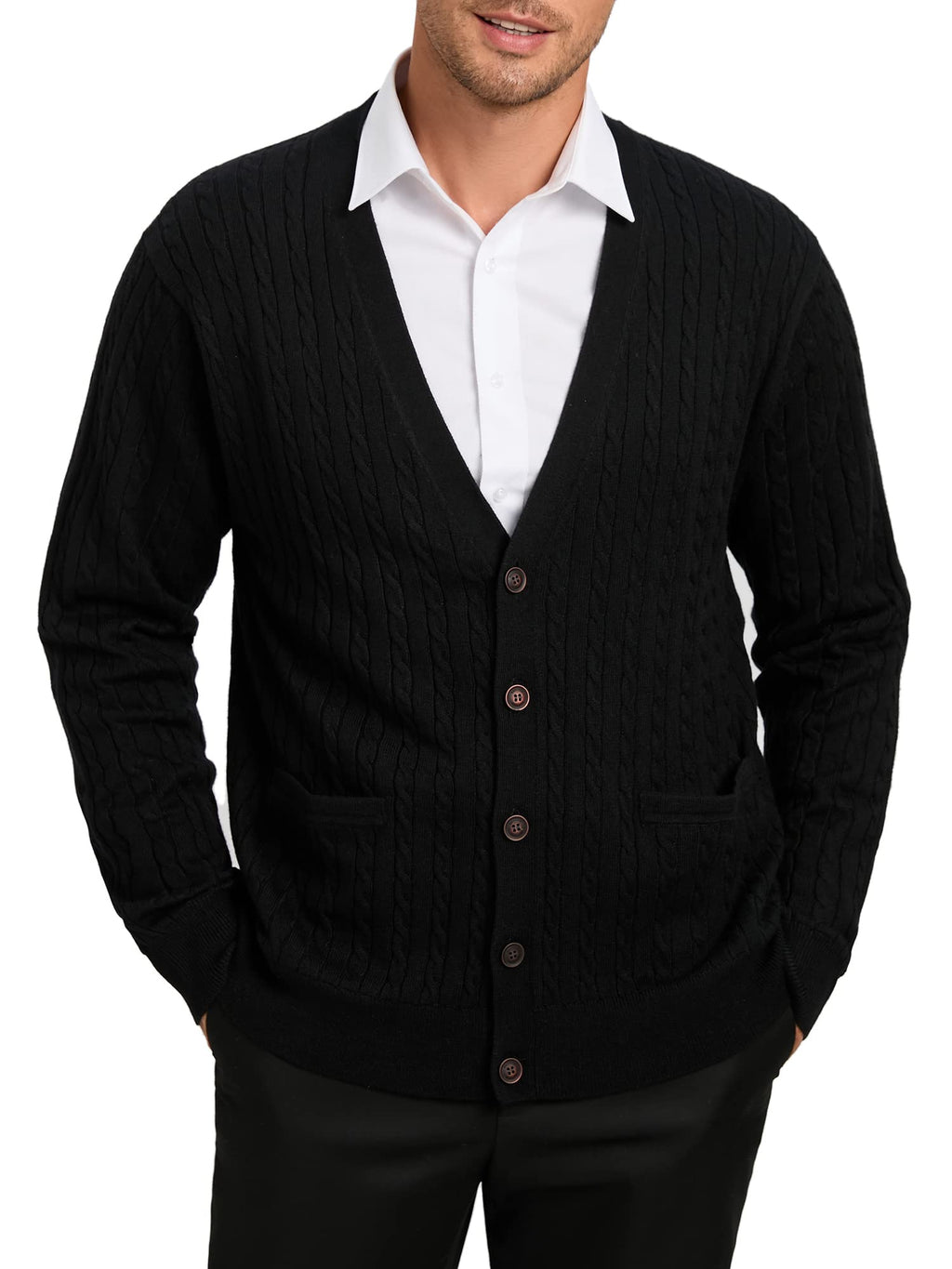 Kallspin Men's Cardigan Sweater Cashmere Wool Blend Cable Knit V Neck Buttons Cardigan with Pockets(Black, Large)