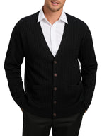 Kallspin Men's Cardigan Sweater Cashmere Wool Blend Cable Knit V Neck Buttons Cardigan with Pockets(Black, Large)