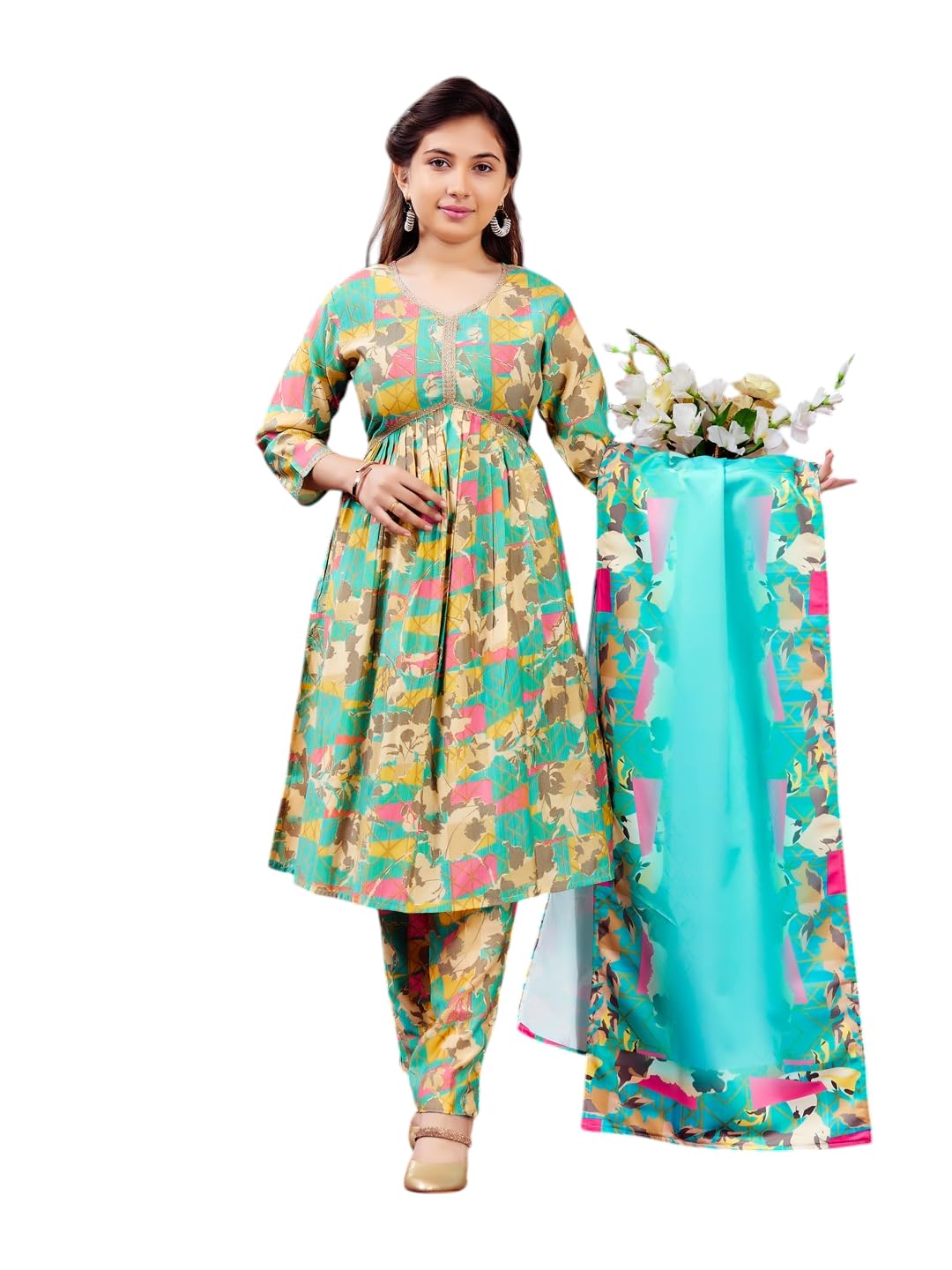 Aarika Girls Sea Green Colour Printed Silk Kurti (9-16 Years)