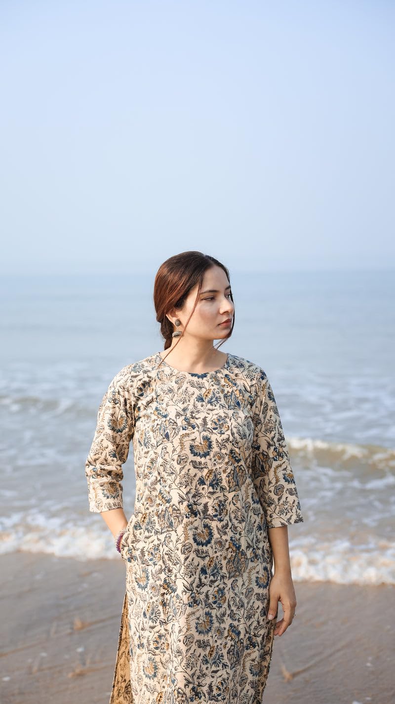 ANNI DESIGNER Ladies Rayon Printed Kurta with Trousers, cream, XL