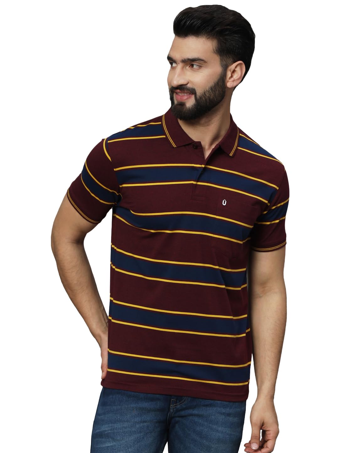 UNIBERRY Mens Cotton Blend Polo Collar Striper T Shirt Has A Short Sleeves & Pocket On ChestREMT3MN_3XL Maroon Navy 3