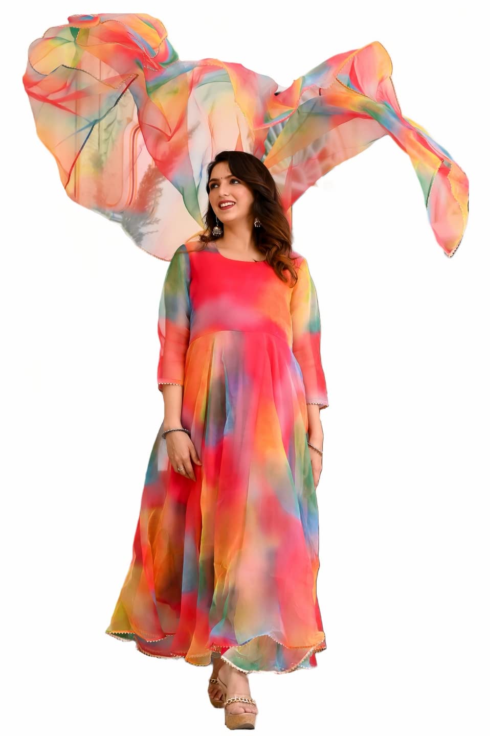 ANNI DESIGNER Womens Organza Anarkali Floral Printed Kurta with Pant & Dupatta (Chakrika-Multi-NW_M_Multi_Medium) Multicolour