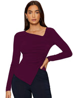 Shasmi Womens & Girls Light Purple Long Sleeve Asymmetrical Neck Solid Color Ruched Front Asymmetrical Hem Tee Workwear Fancy 