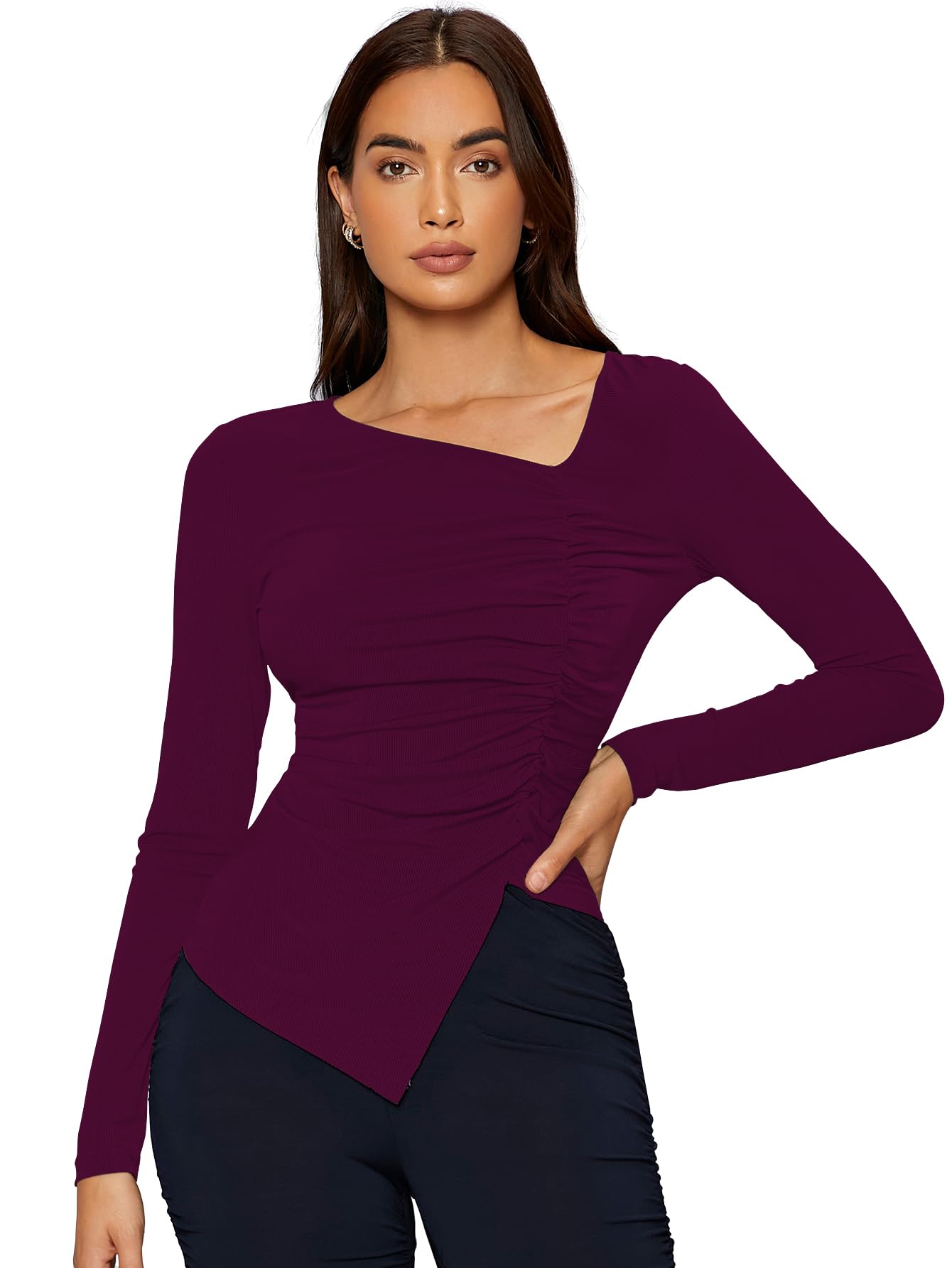 Shasmi Womens & Girls Light Purple Long Sleeve Asymmetrical Neck Solid Color Ruched Front Asymmetrical Hem Tee Workwear Fancy 