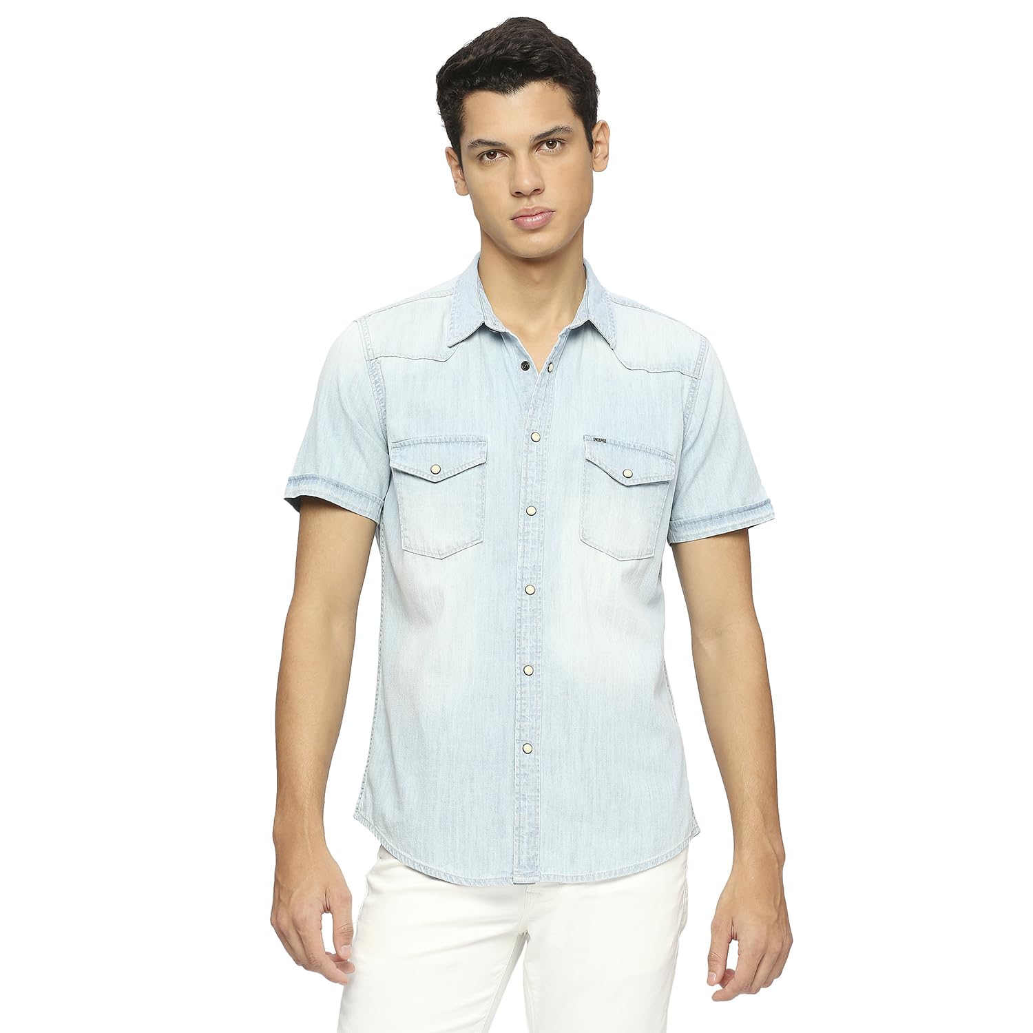 Pepe Jeans MenS Solid Regular Fit Shirt (Pm308262F49_Ice Wash Blue
