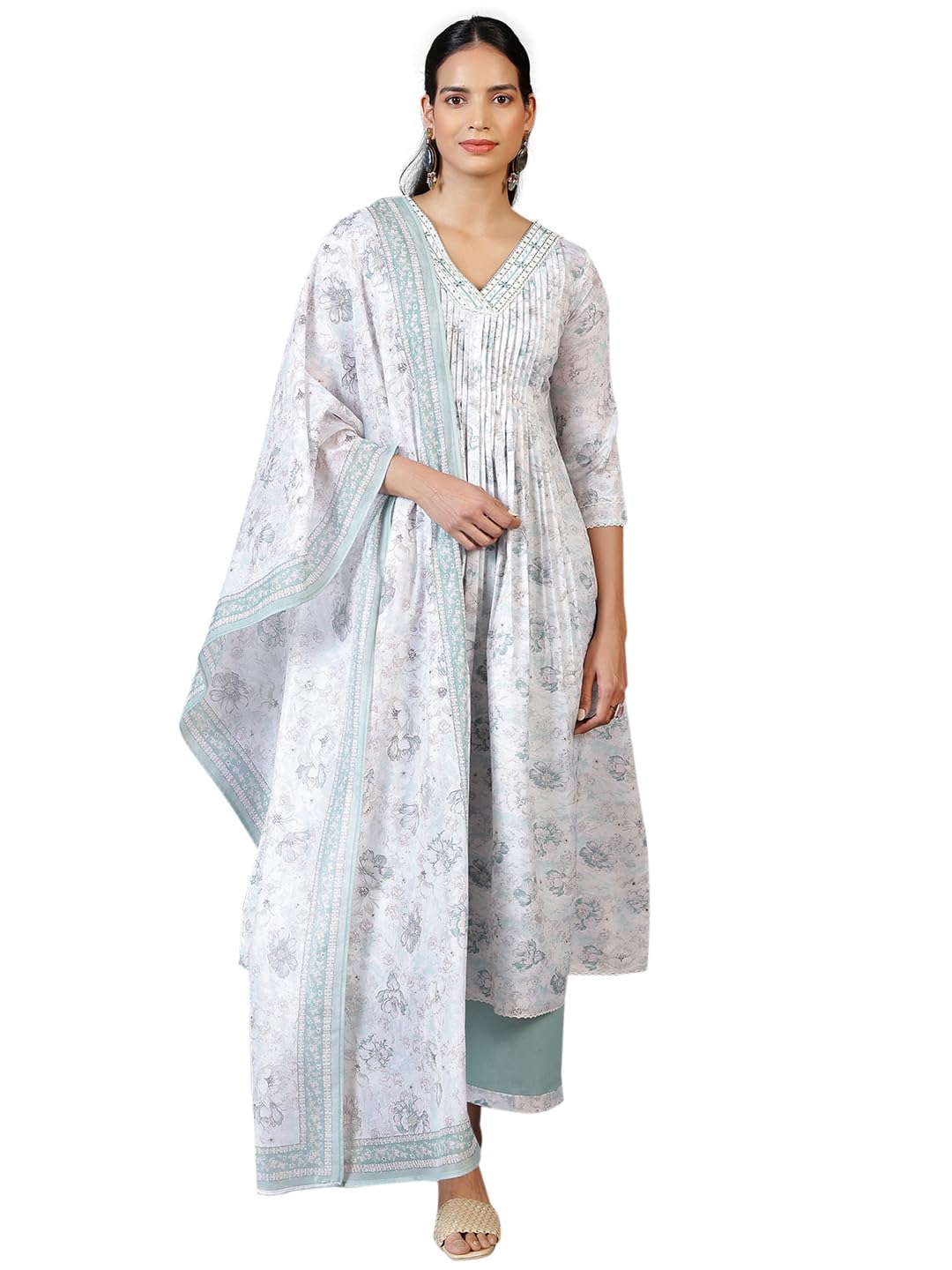 Libas Off White Printed Cotton Blend A-Line Kurta With Palazzos & Dupatta