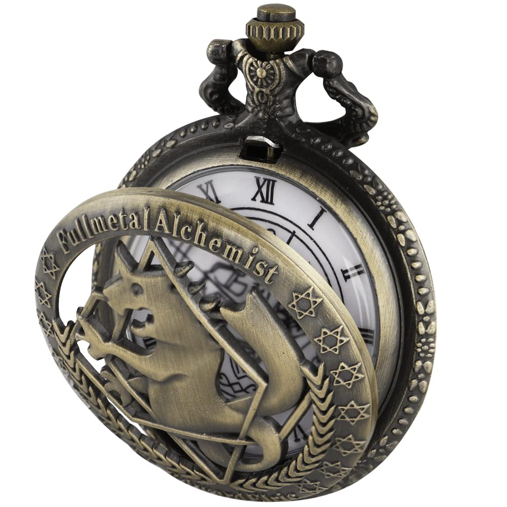 Tiong Fullmetal Alchemist Anime Pocket Watch with Chain for Cosplay Pendant Accessories with Gifts Box(Bronze White)