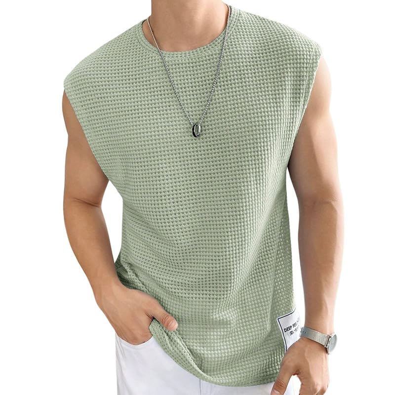 Netclick Mens Waffle Tank Tops Sleeveless Round Neck Polycotton TShirt For Gym, Running And Outdoor Sea Green