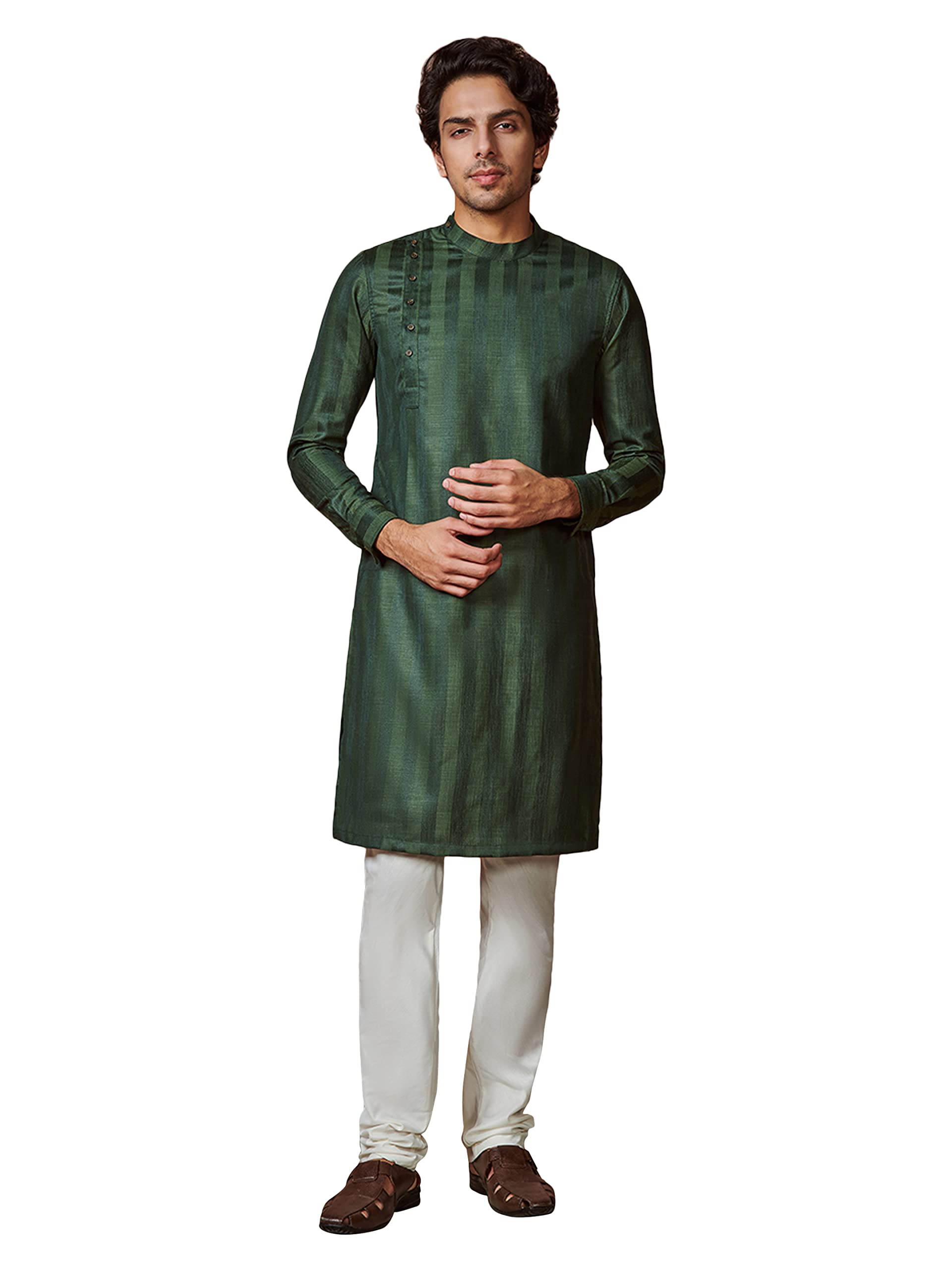 Manyavar MenS Kurta, Full Sleeves Mandarin Collared Ethnic Knee Length Kurta, Blended Viscose Kurta For Festival, Wedding, Party