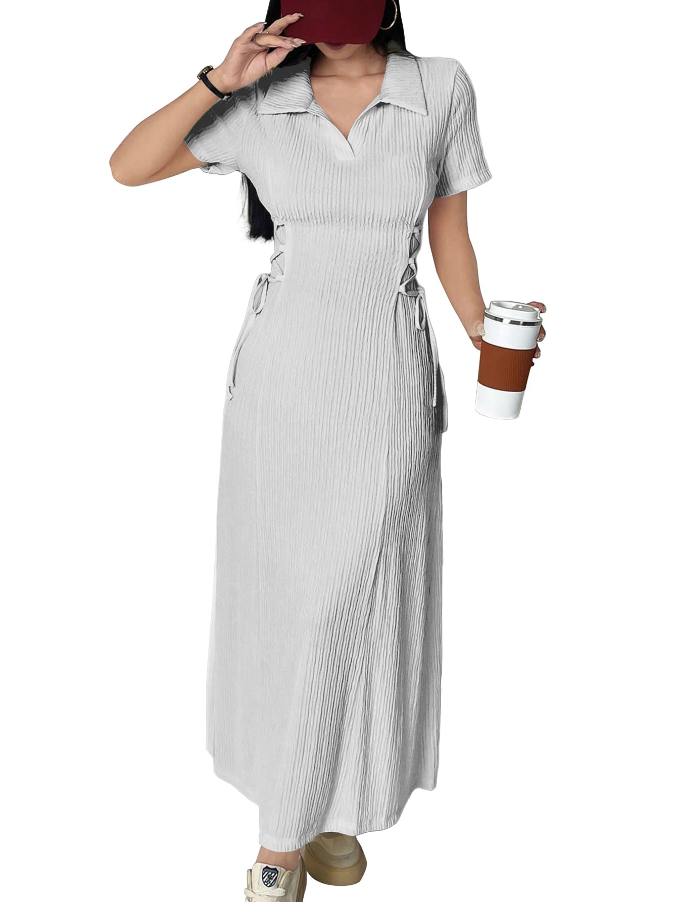 Shasmi Womens White Solid Color Applique Lace-Up Collared Short Sleeve, Side-Tie Waist Long Casual Maxi Women Dress Outfit Long 