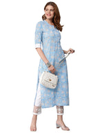 ANNI DESIGNER Women's Cotton Blend Traditional Straight Printed Kurta with Pant Set (Aneka Blue_XXL_Blue_XX-Large)
