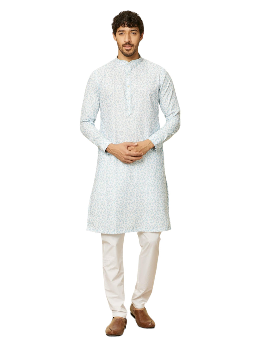 Manyavar Mens Cotton Blend Blue Printed Kurta Pyjama Set (XXL)