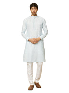 Manyavar Mens Cotton Blend Blue Printed Kurta Pyjama Set (XXL)