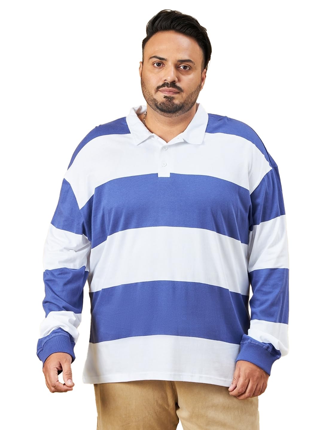 Bewakoof Mens Striped Oversized Fit Full Sleeve Polo Cotton Plus Size Polo T-Shirt_617318_White_6XL
