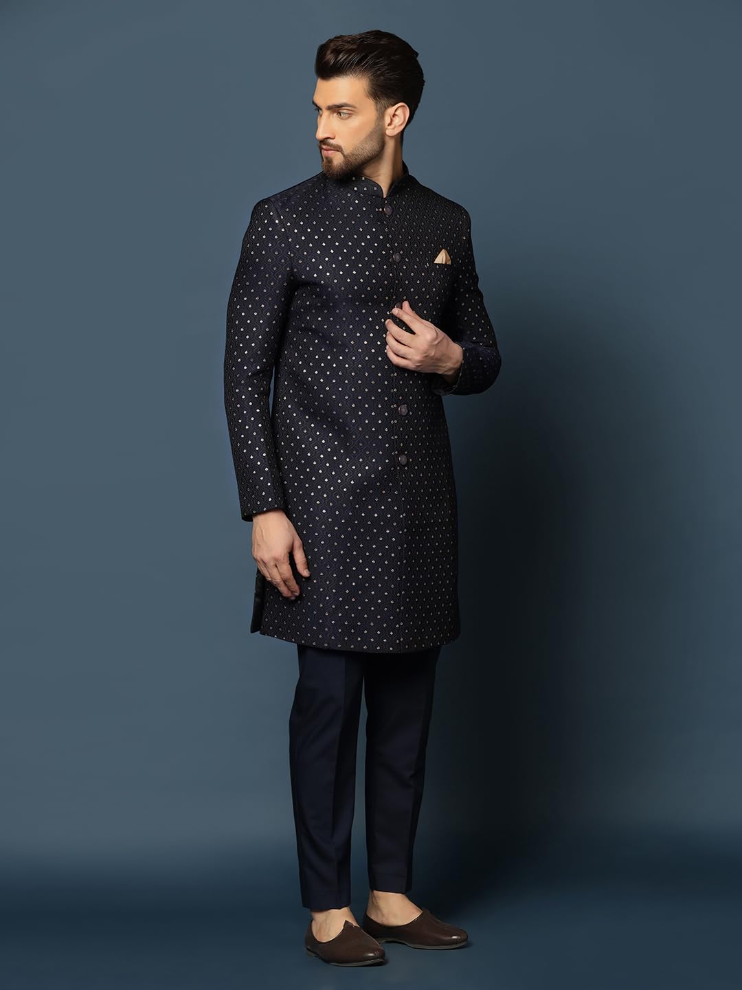 Kisah MenS Sherwani & Trouser Set  Embellished Silk Blend Jacquard Ethnic Wear For Men  Regular Fit Wedding & Festive Look  Dry