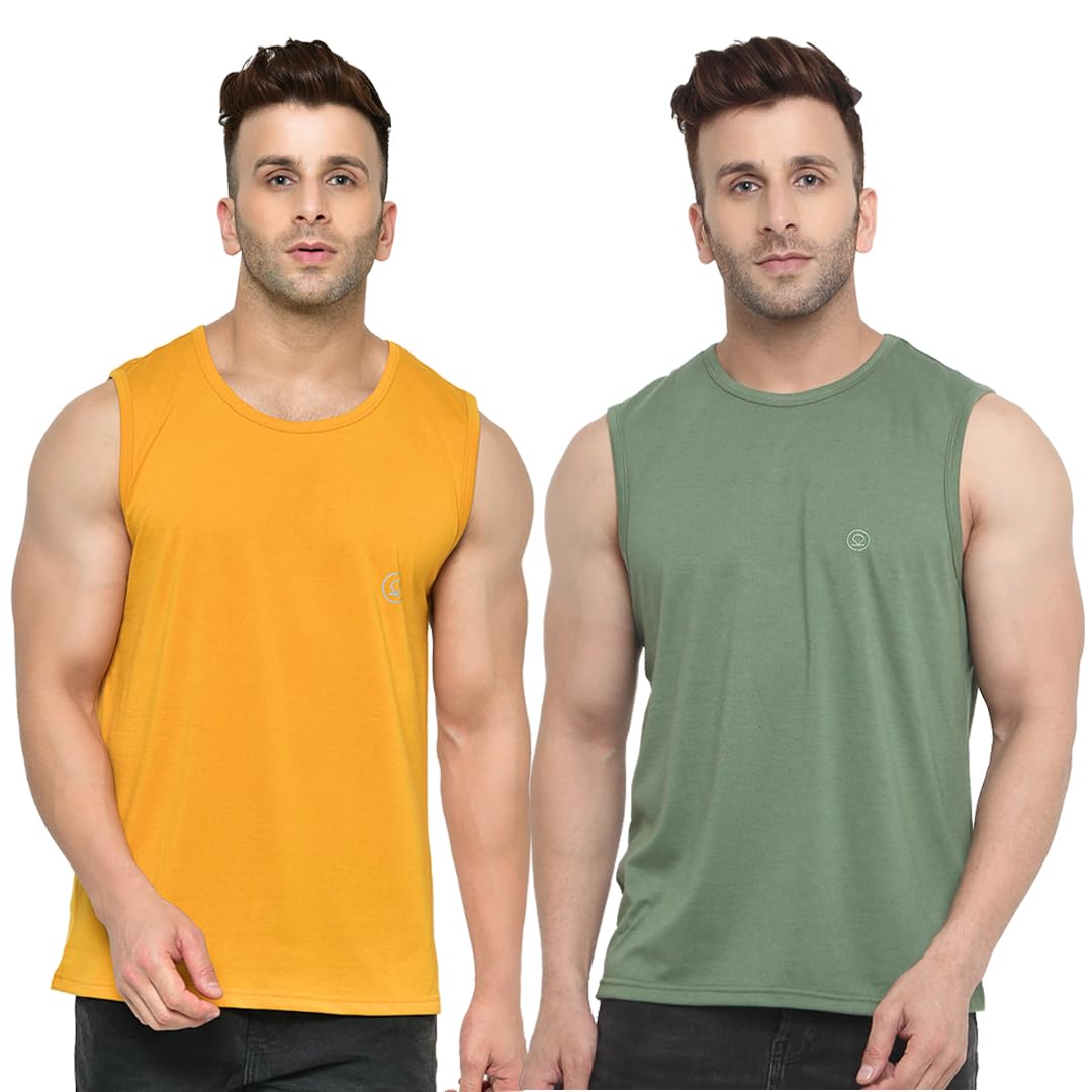 Chkokko Men Cotton Athletic Gym Tank Tops Sleeveless Sports Vest Combo Pack Of 2 Darkgreen Mustard 5Xl 5