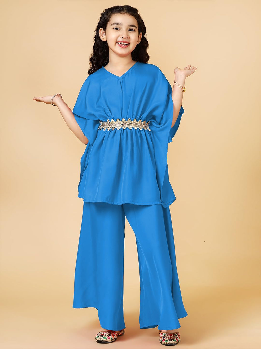 A.T.U.N. (ALL THINGS UBER NICE) Girls Solid Polysilk Turquoise Kaftan with Flared Pant Set