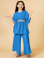 A.T.U.N. (ALL THINGS UBER NICE) Girls Solid Polysilk Turquoise Kaftan with Flared Pant Set