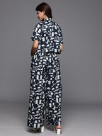 Varanga Women Navy Blue Sleeveless Top Paired With Printed Jacket And Palazzo