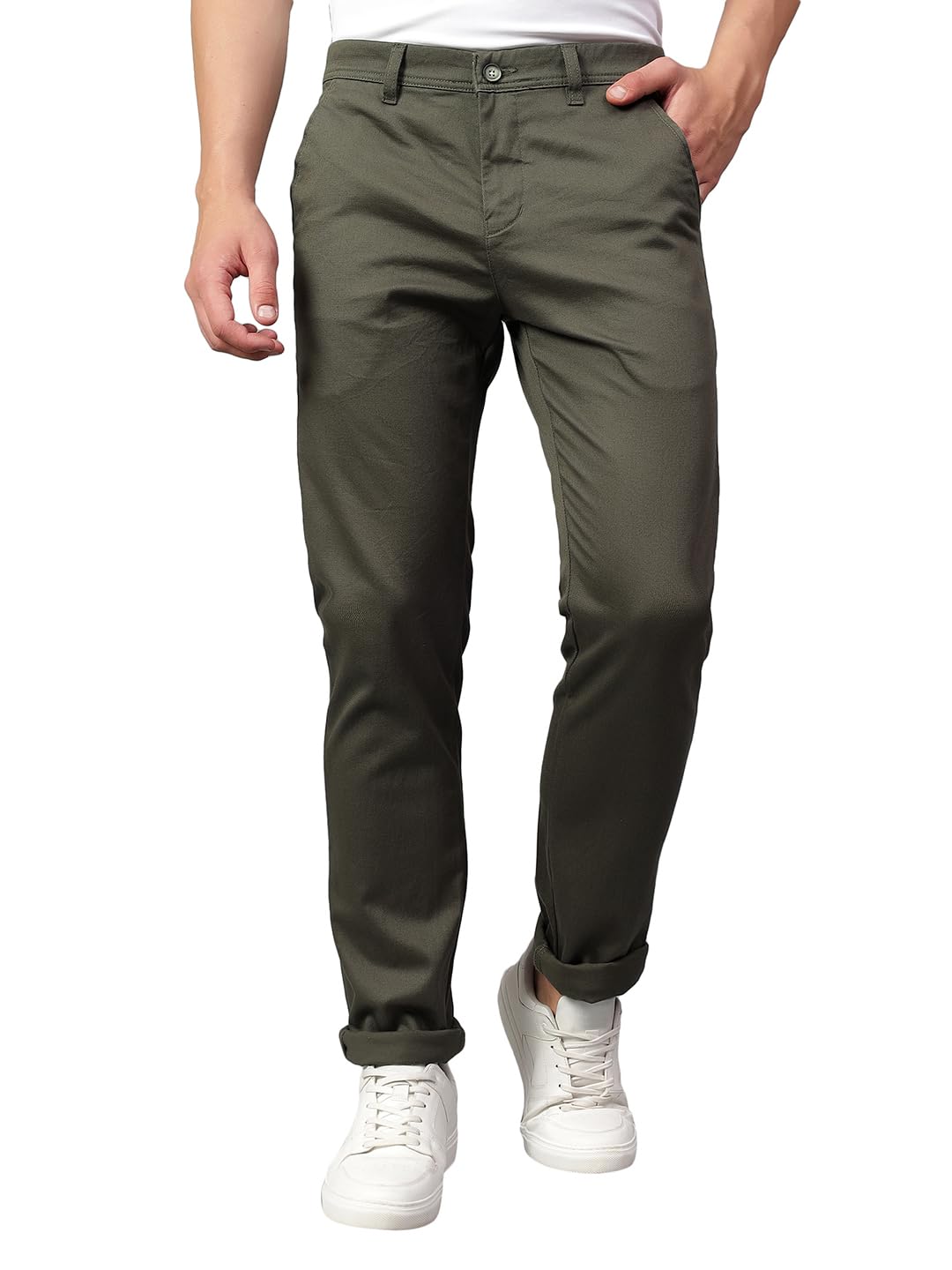 Cantabil Men Green Self Design Non Pleated Regular Fit Mid Rise Casual Trousers For Men | Casual Pants For Men | Casual Wear Reg 32