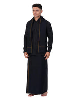 Prakasam Cotton Mens Small Border (Roja) Flexi Adjustable Readymade Pocket Black Dhoti + Readymade Full Sleeve Shirt + Black Sma