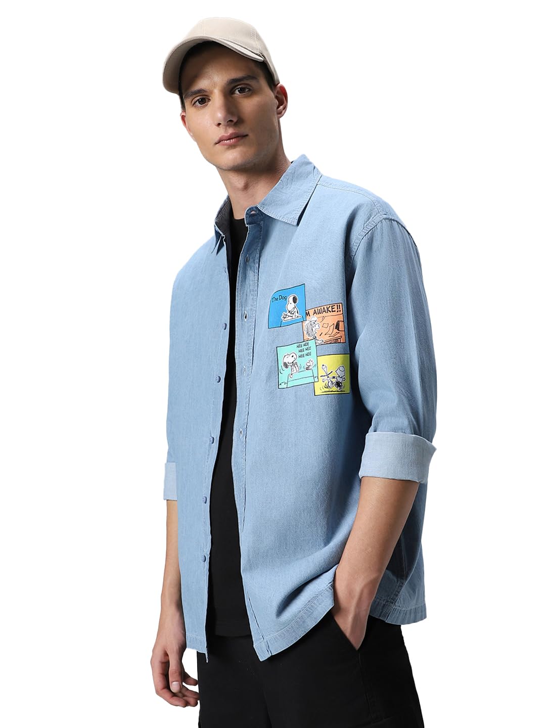 Bewakoof Mens Cotton Official Peanuts Merchandise Graphic Print Oversized Fit Shirt_604442_Blue_M