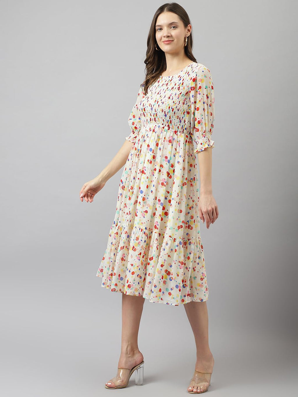 Toochki WomenS White Georgette Polka Dot Tiered Western Dress | Dress For Women | A Line Dress | Winter Dress | Western Dress |