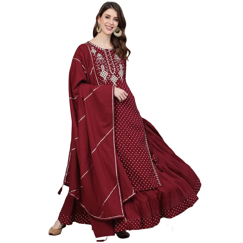 Ishin Women'S Rayon Maroon Yoke Embroidered Straight Kurta Skirt Dupatta Set