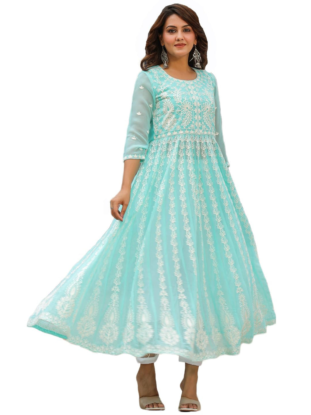ANNI DESIGNER Women's Georgette Anarkali Chikankari Embroidered Kurta (Kari-See Green_S_See Green_Small)