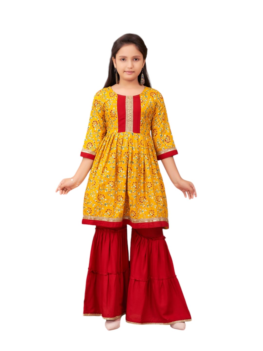 Aarika Girls Ethnic Wear Yellow-Red Colour Foil Print With Lace Work Rayon Kurta Sharara Set (9-16 Years)