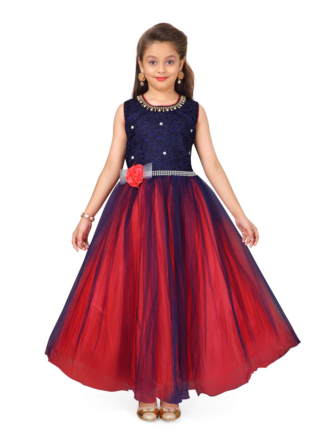 Aarika Girls net a-line Maxi Dress (G-AG-08_Red-Navy_11-12 Years)