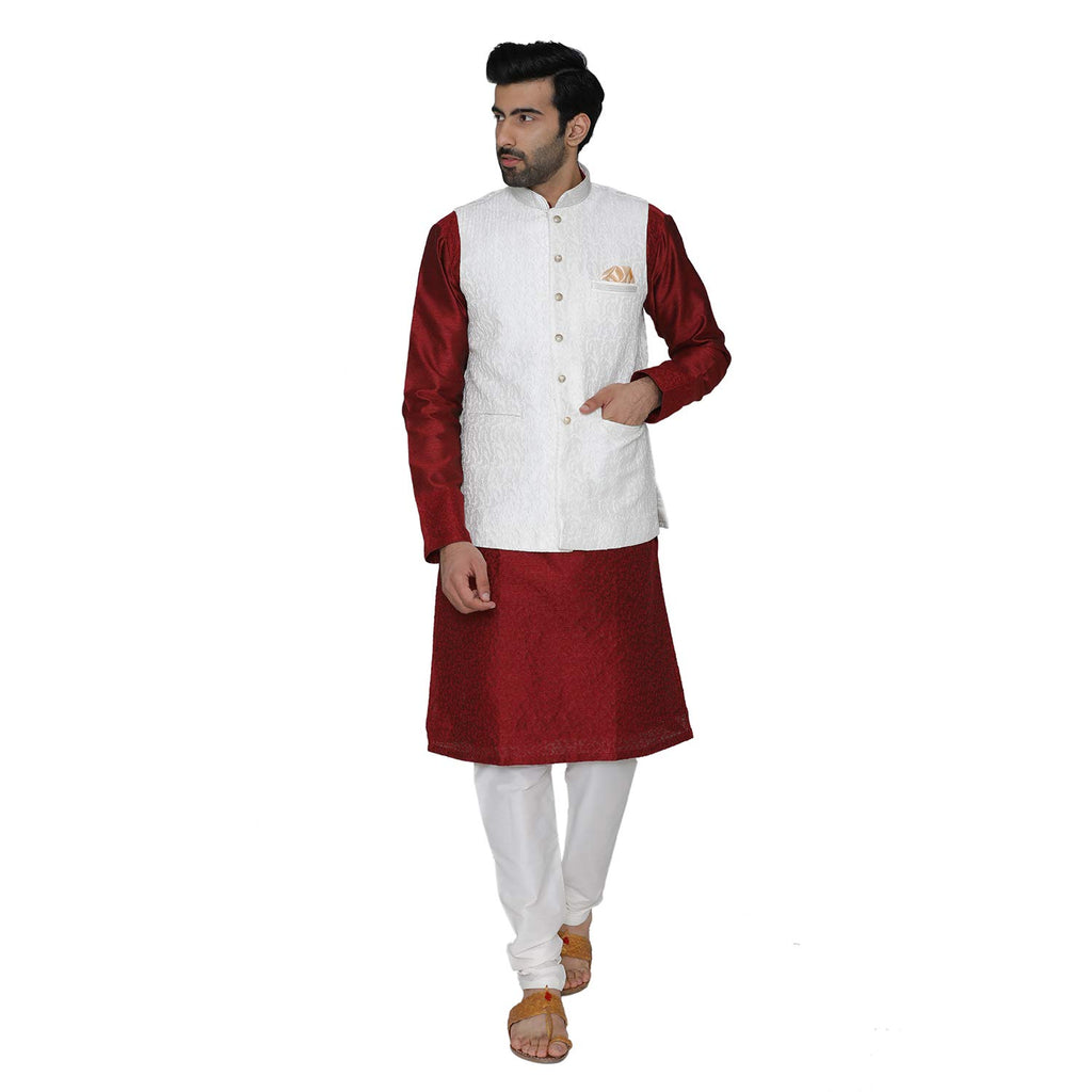 Manyavar MenS Art Silk Jacket (Jac152_White_M)