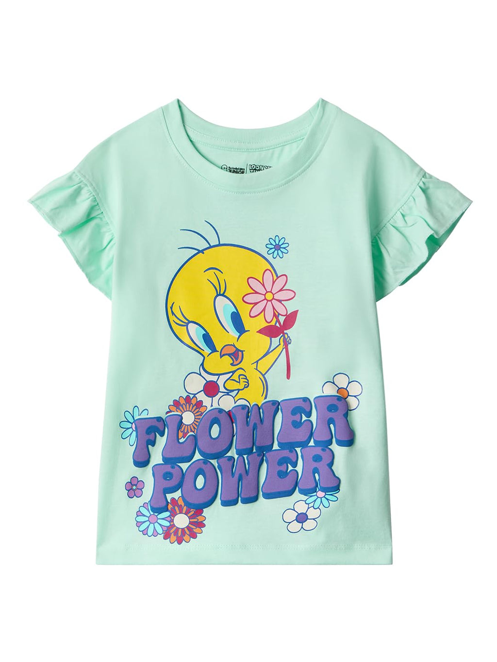 The Souled Store Looney Tunes: Flower Power Girls Round Neck Green Graphic Printed Cotton Flutter Sleeve Tops (2-8 Yrs)